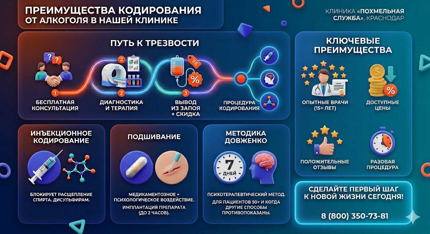Инфографика о методах кодирования от алкоголя в Воткинске: инъекции, подшивание, метод Довженко. Преимущества клиники и этапы лечения.