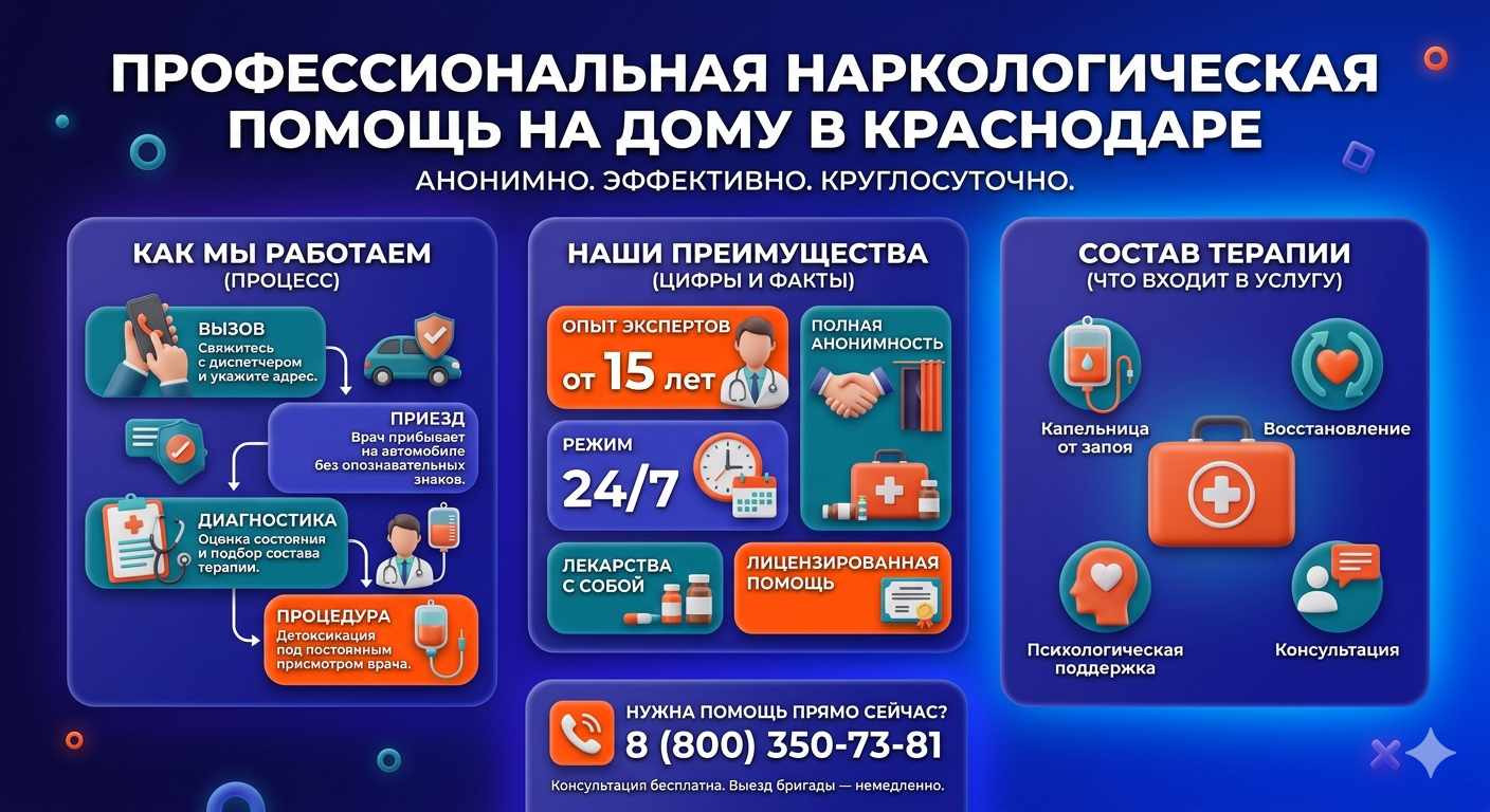 Инфографика о принципах лечения алкоголизма на дому в Воткинске: этапы вызова нарколога, преимущества анонимной детоксикации и состав медицинской помощи.